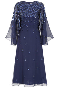 Annette Navy Embellished Cape Sleeve Midi Dress
