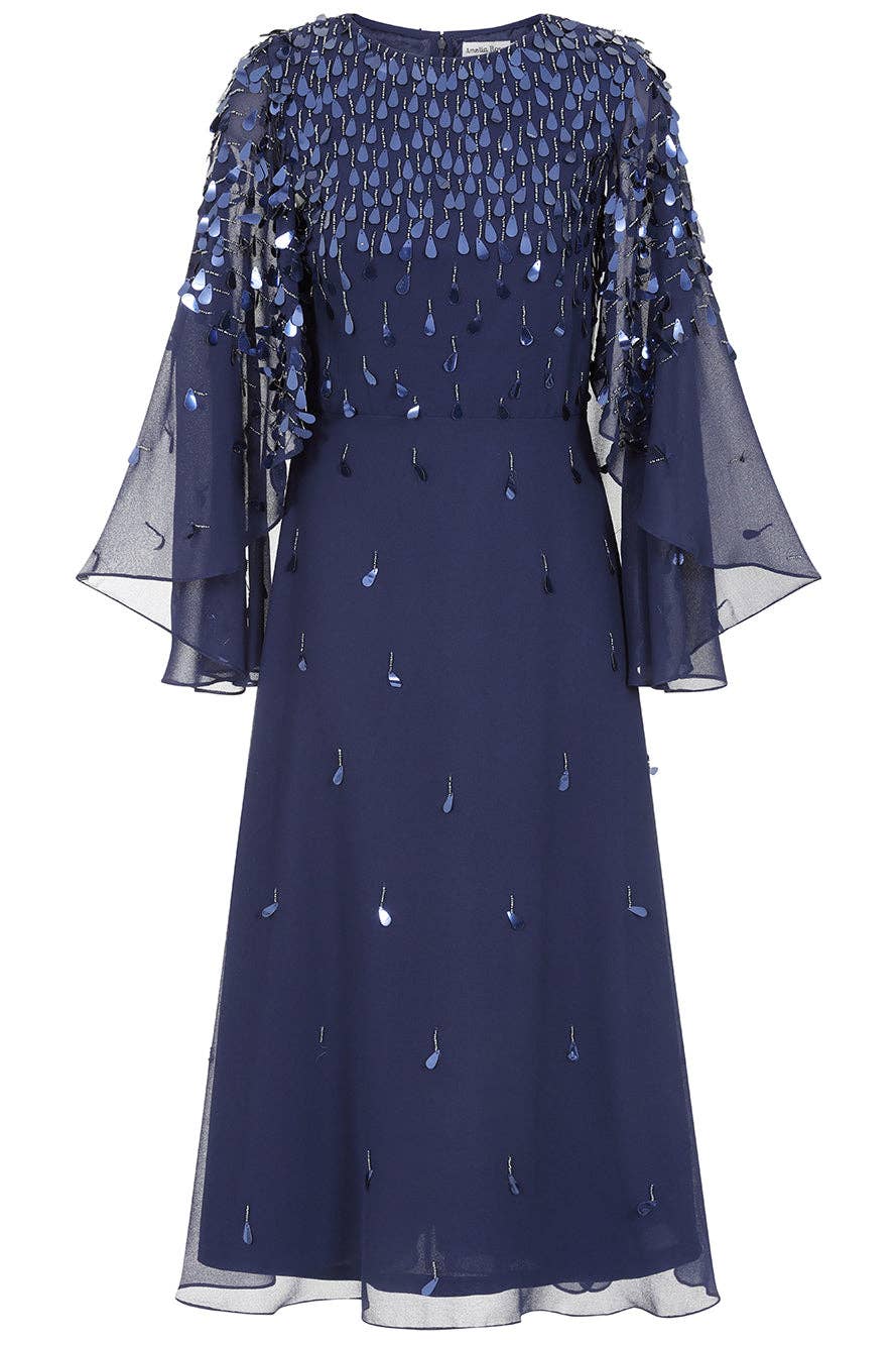Annette Navy Embellished Cape Sleeve Midi Dress