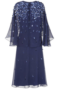 Annette Navy Embellished Cape Sleeve Midi Dress