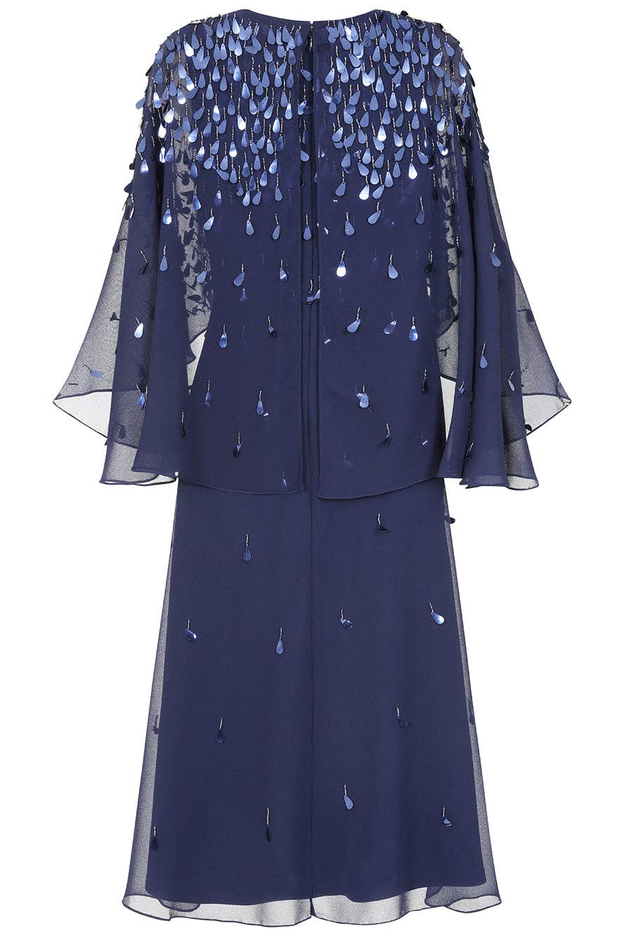Annette Navy Embellished Cape Sleeve Midi Dress