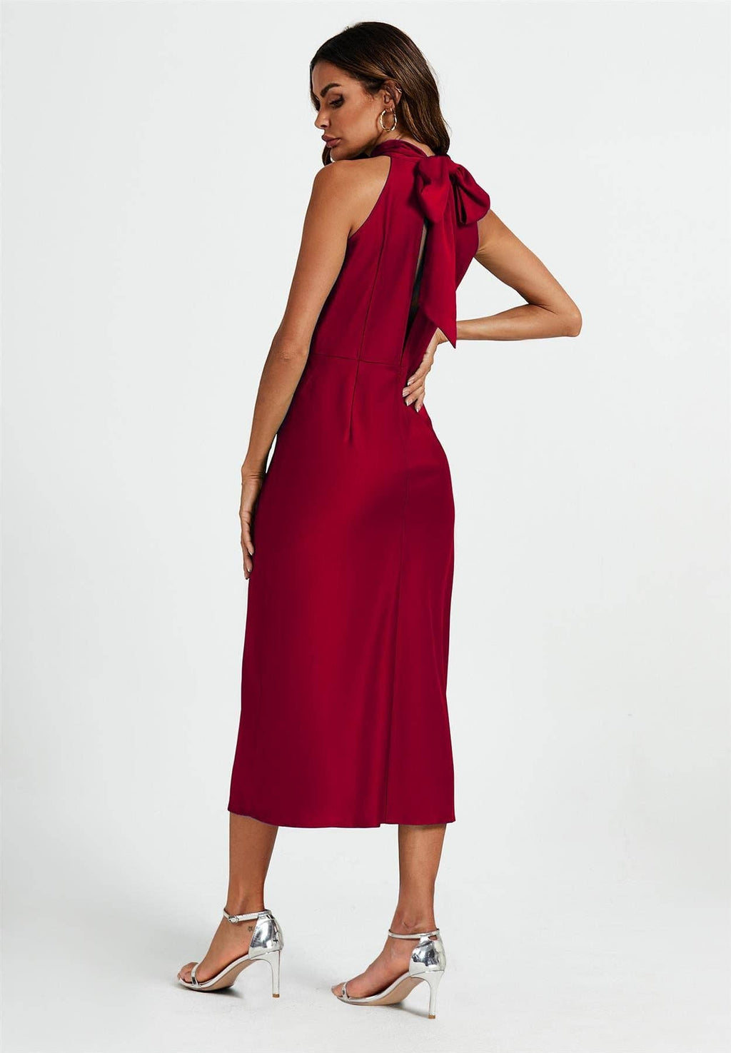 Satin Halter Neck Tie Back Midi Dress