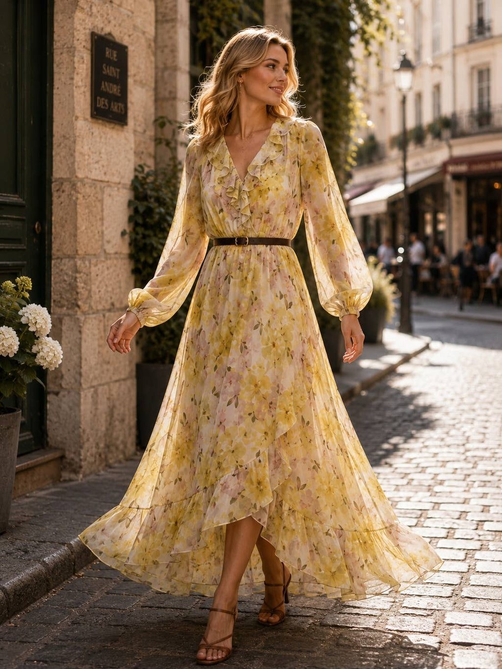 Boho Chic Long Floral Flowing Dress with Belt