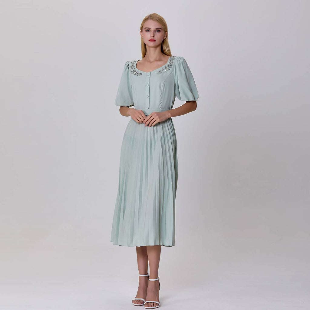 Pleated and embroidered shirt dress