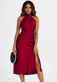 Satin Halter Neck Tie Back Midi Dress
