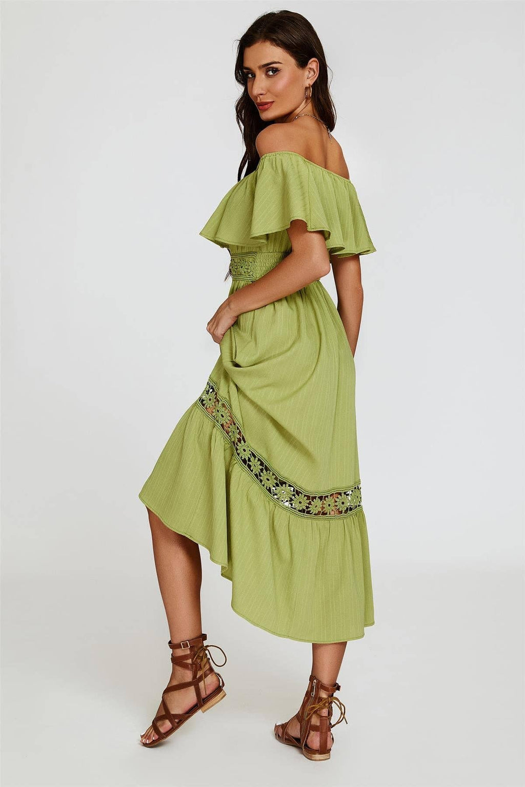 Lace Detail Bardot Maxi Dress In Green