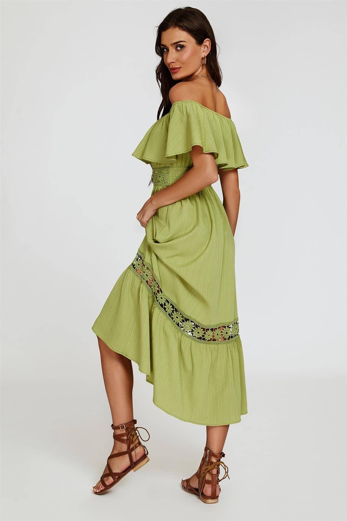 Lace Detail Bardot Maxi Dress In Green