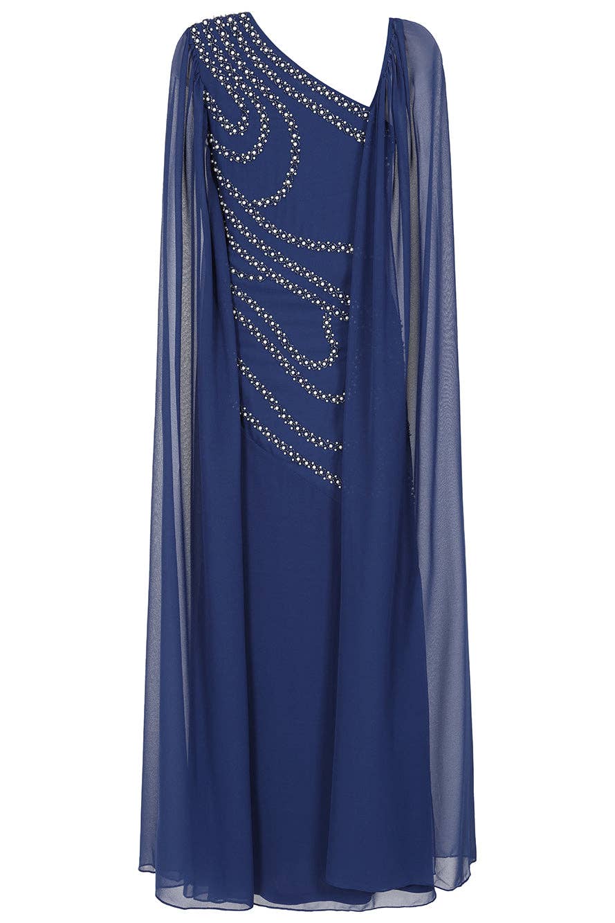 Patricia Navy Embellished Cape Sleeve Maxi Dress