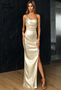 One shoulder and side slit  Gold dress