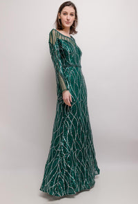 Long Sleeve, Fishtail Emerald Green Evening Dress