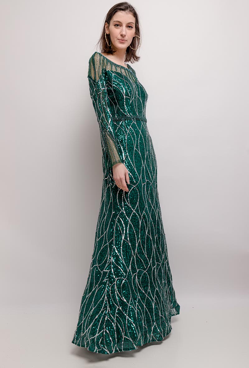 Long Sleeve, Fishtail Emerald Green Evening Dress