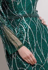 Long Sleeve, Fishtail Emerald Green Evening Dress
