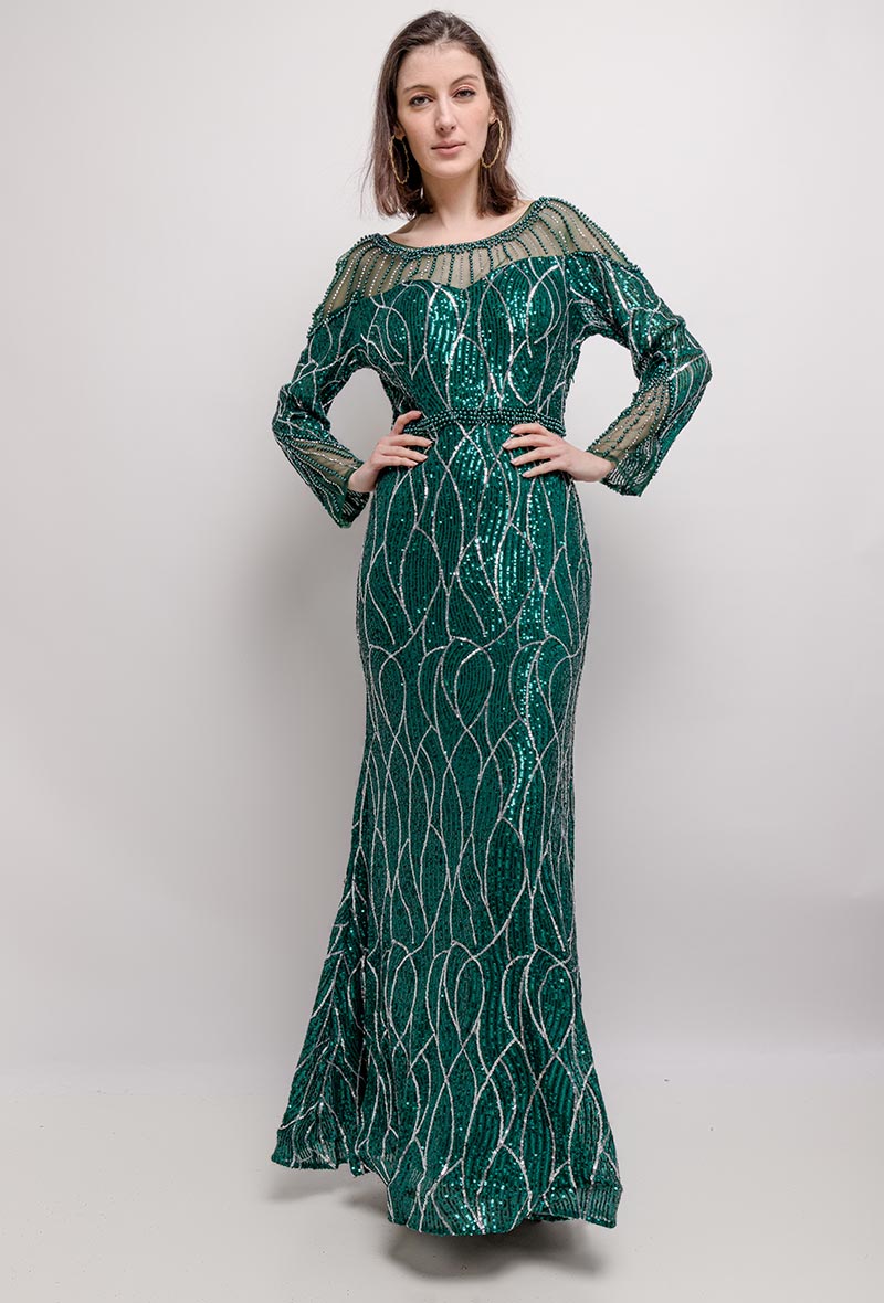 Long Sleeve, Fishtail Emerald Green Evening Dress