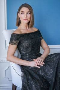 Silver Sequin Tulle Off the Shoulder Fold Over Cuff Neckline with Hand Beaded Waistband and Horsehair Hem Trim