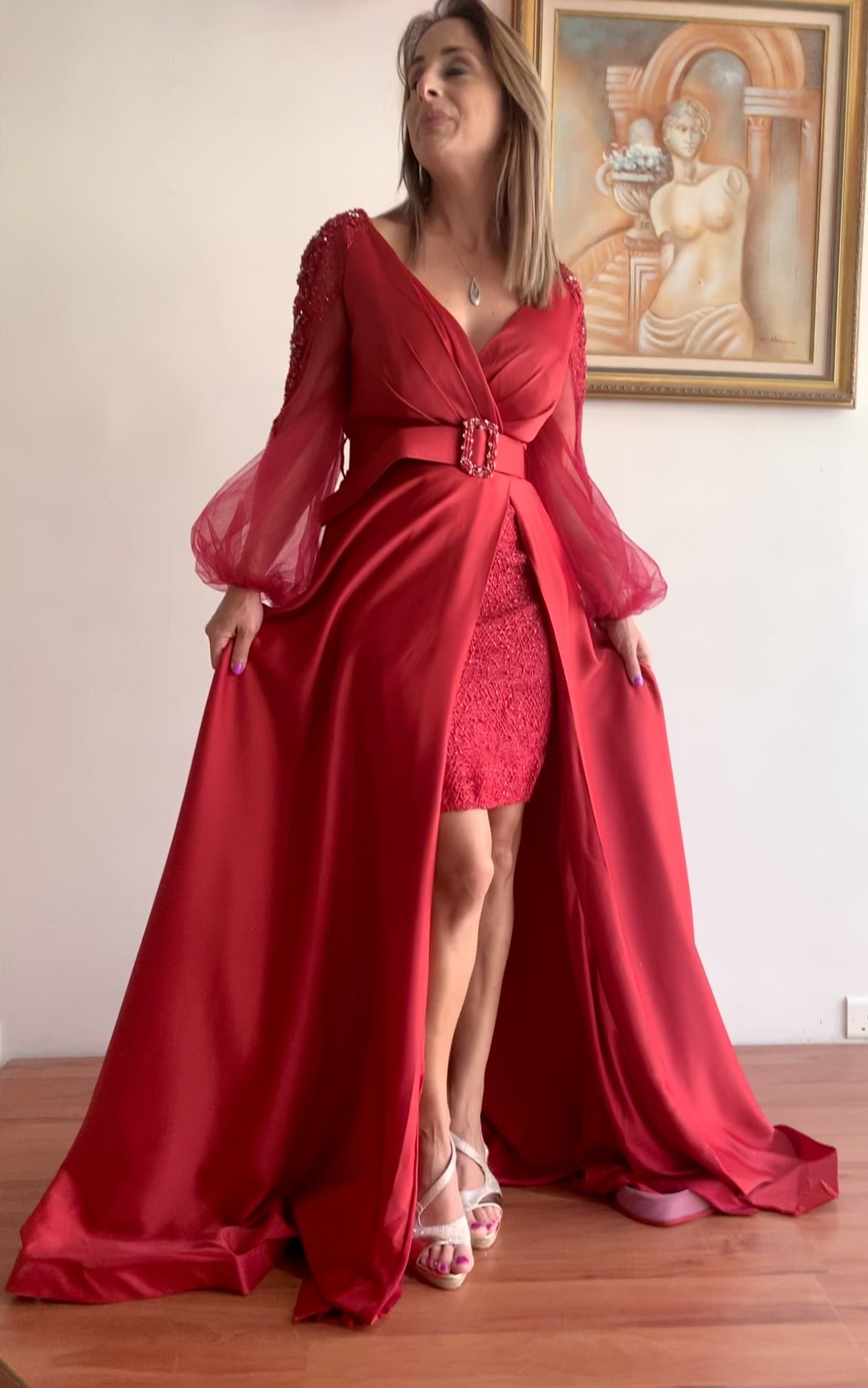 Short lace dress with Satin long overcoat