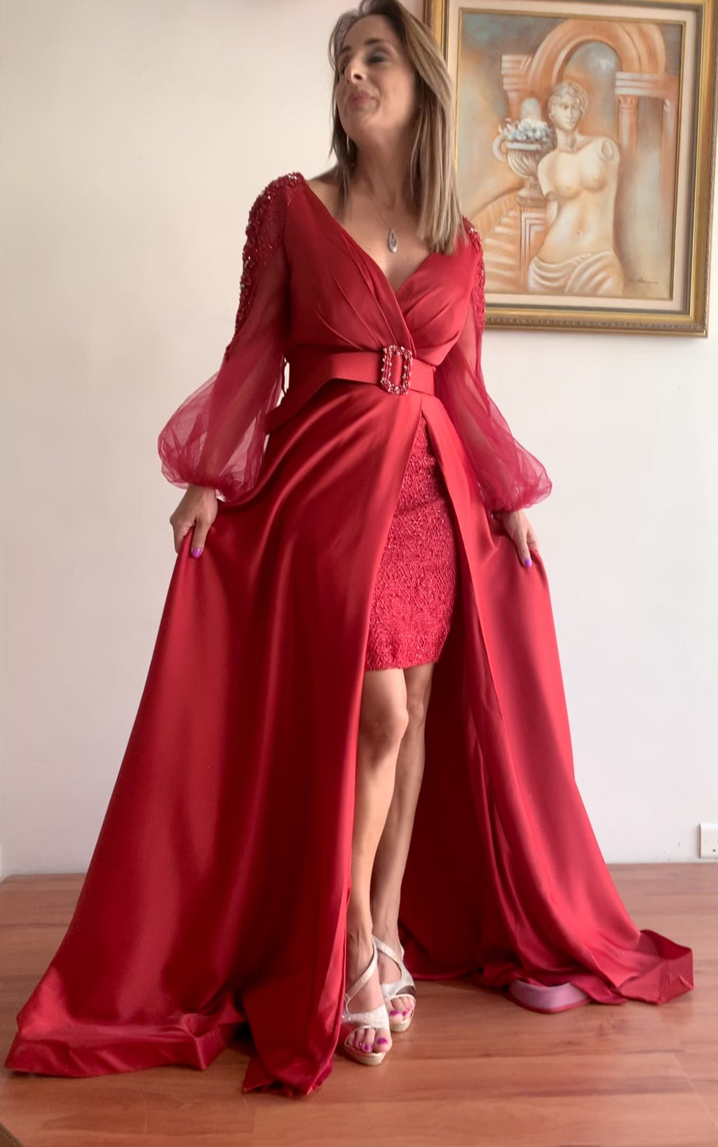 Short lace dress with Satin long overcoat