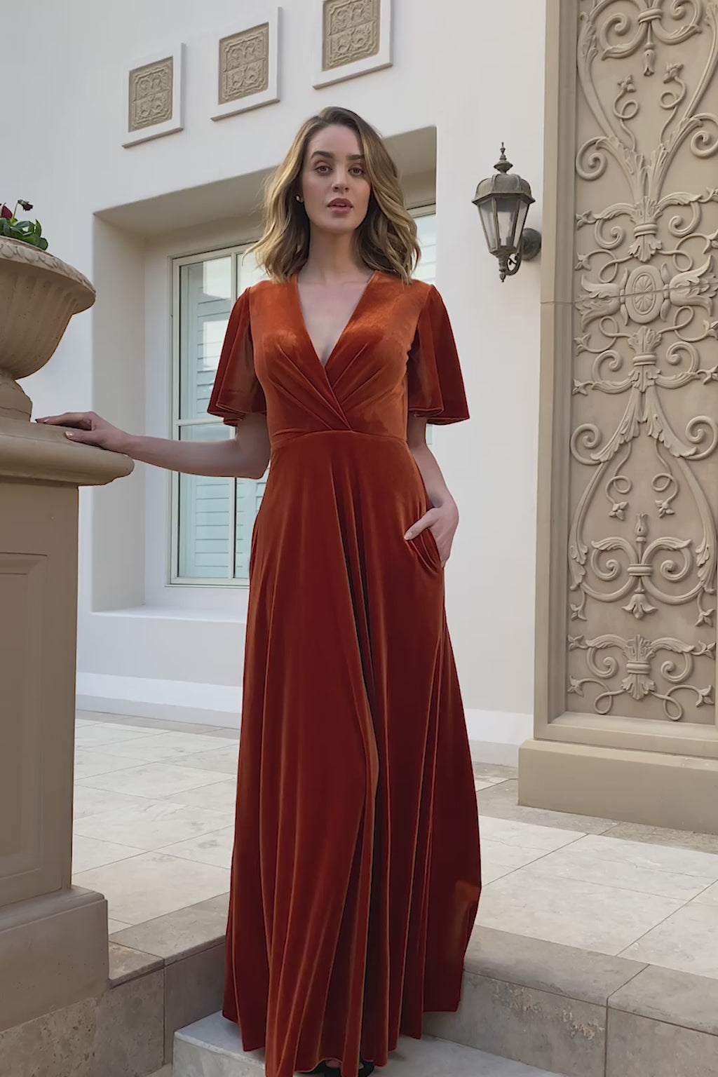 Gorgeous A-line Stretch Velvet Dress with Flutter Sleeves and Sexy Diamond Shaped Back Opening