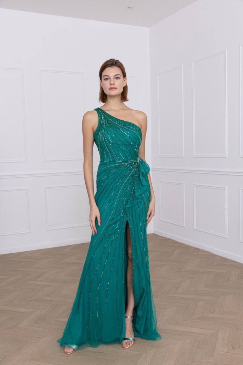 Emerald Green asymmetrical evening dress