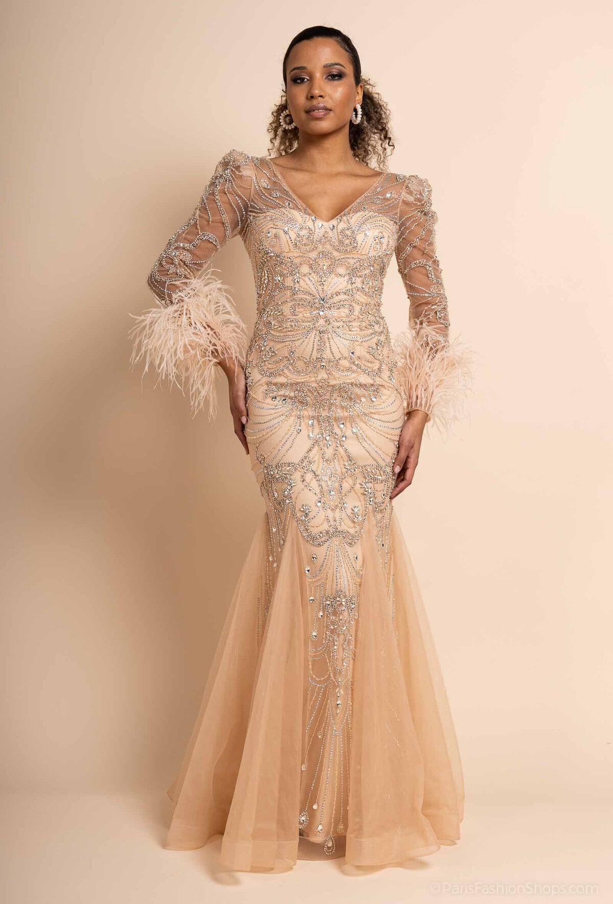 Fully Beaded V neck Fish tail dress with long sleeve