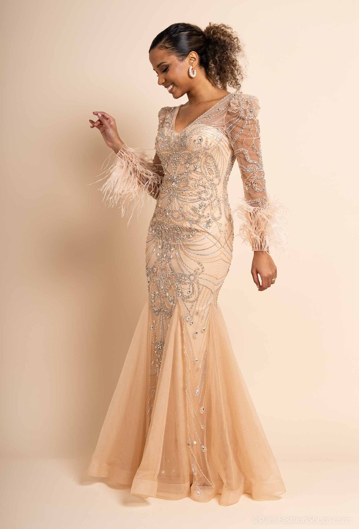 Fully Beaded V neck Fish tail dress with long sleeve