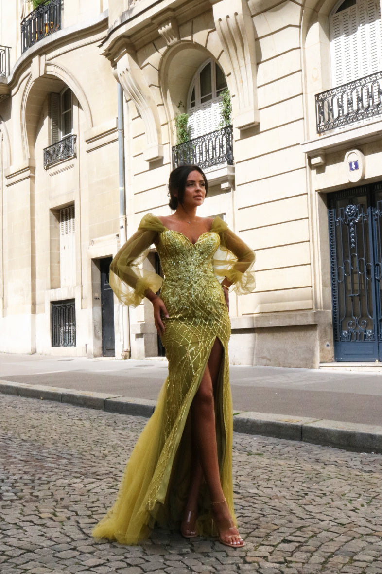 Long Sleeve with front slit fully beaded dress