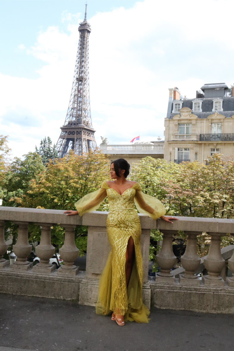 Long Sleeve with front slit fully beaded dress