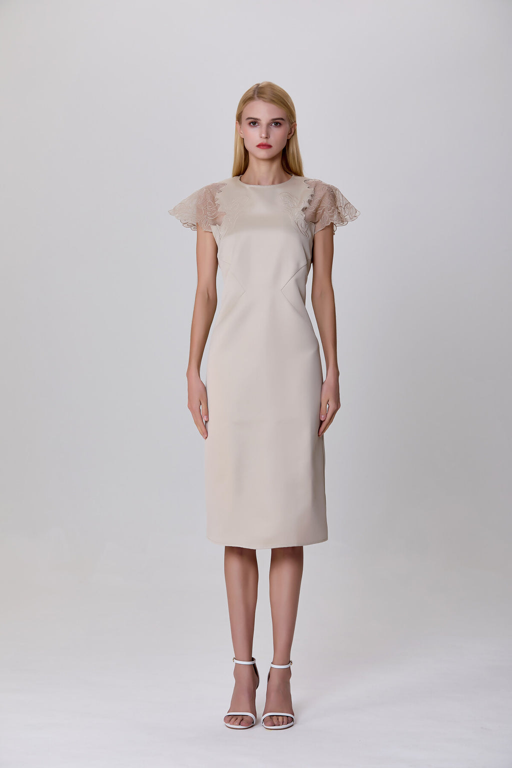 S&J Satin dress with inlaid lace sleeves