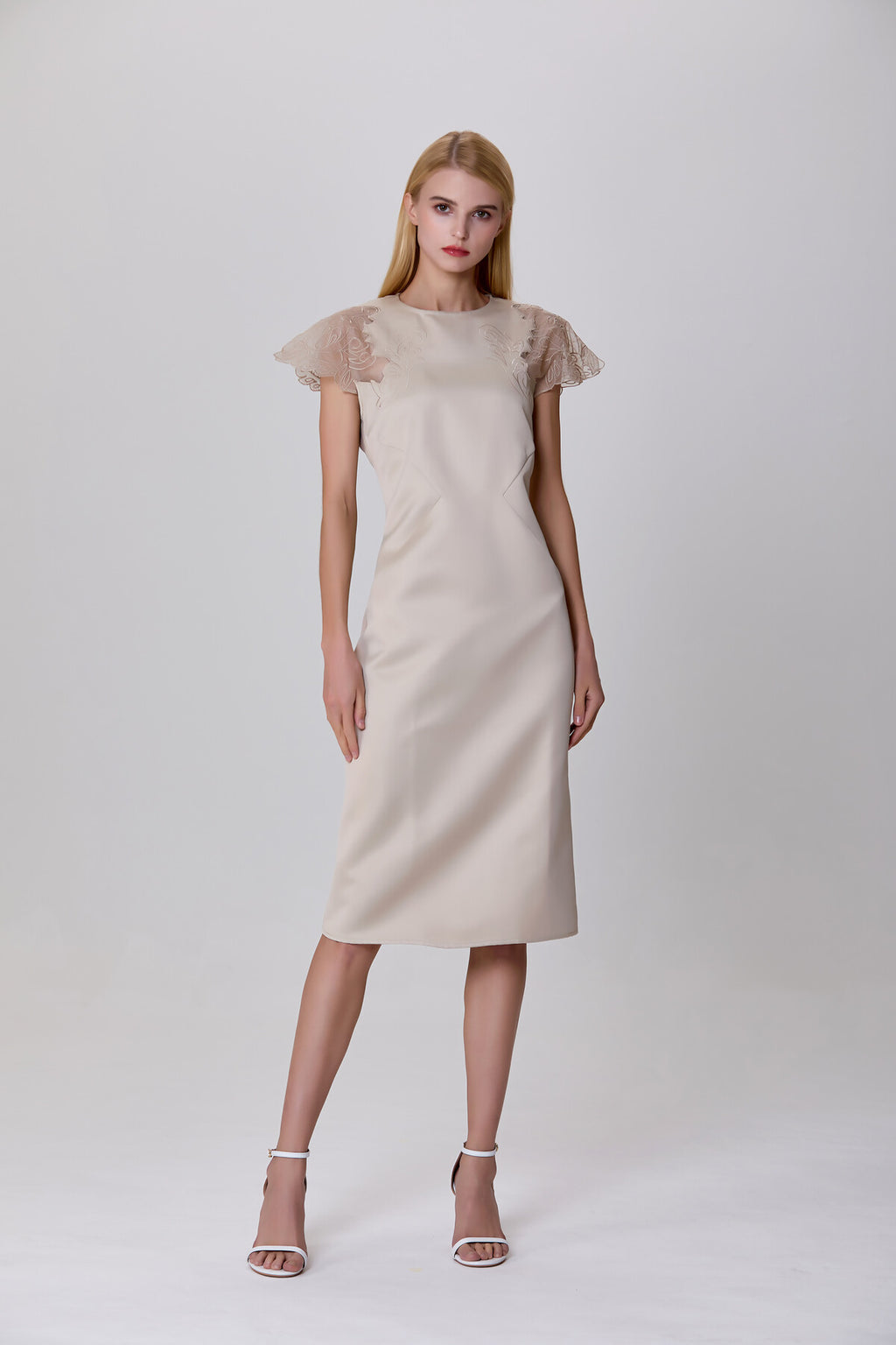 S&J Satin dress with inlaid lace sleeves