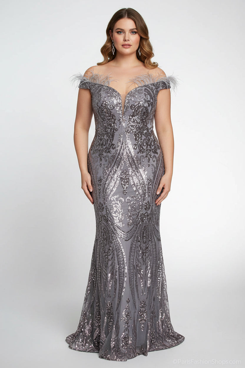 Long off- the- shoulder  Sequined Evening Dress