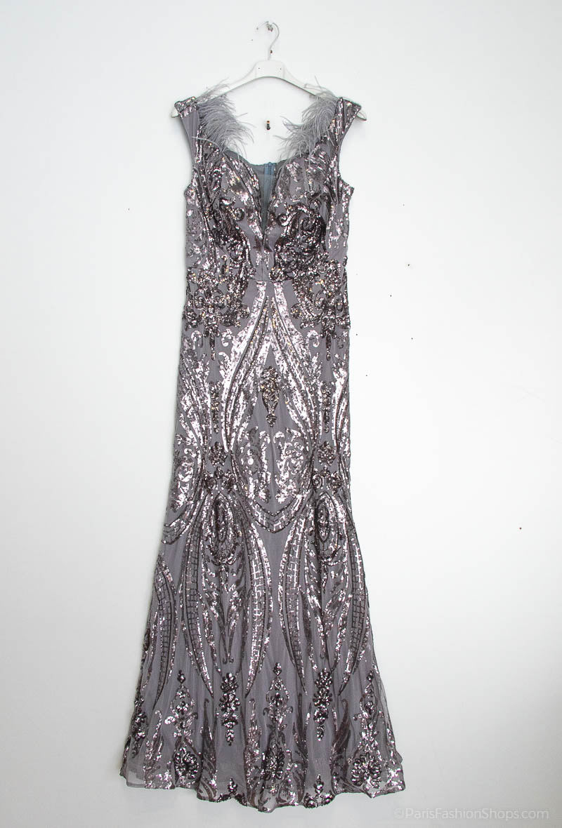 Long off- the- shoulder  Sequined Evening Dress