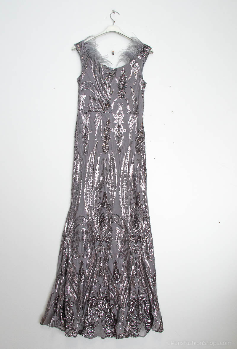 Long off- the- shoulder  Sequined Evening Dress