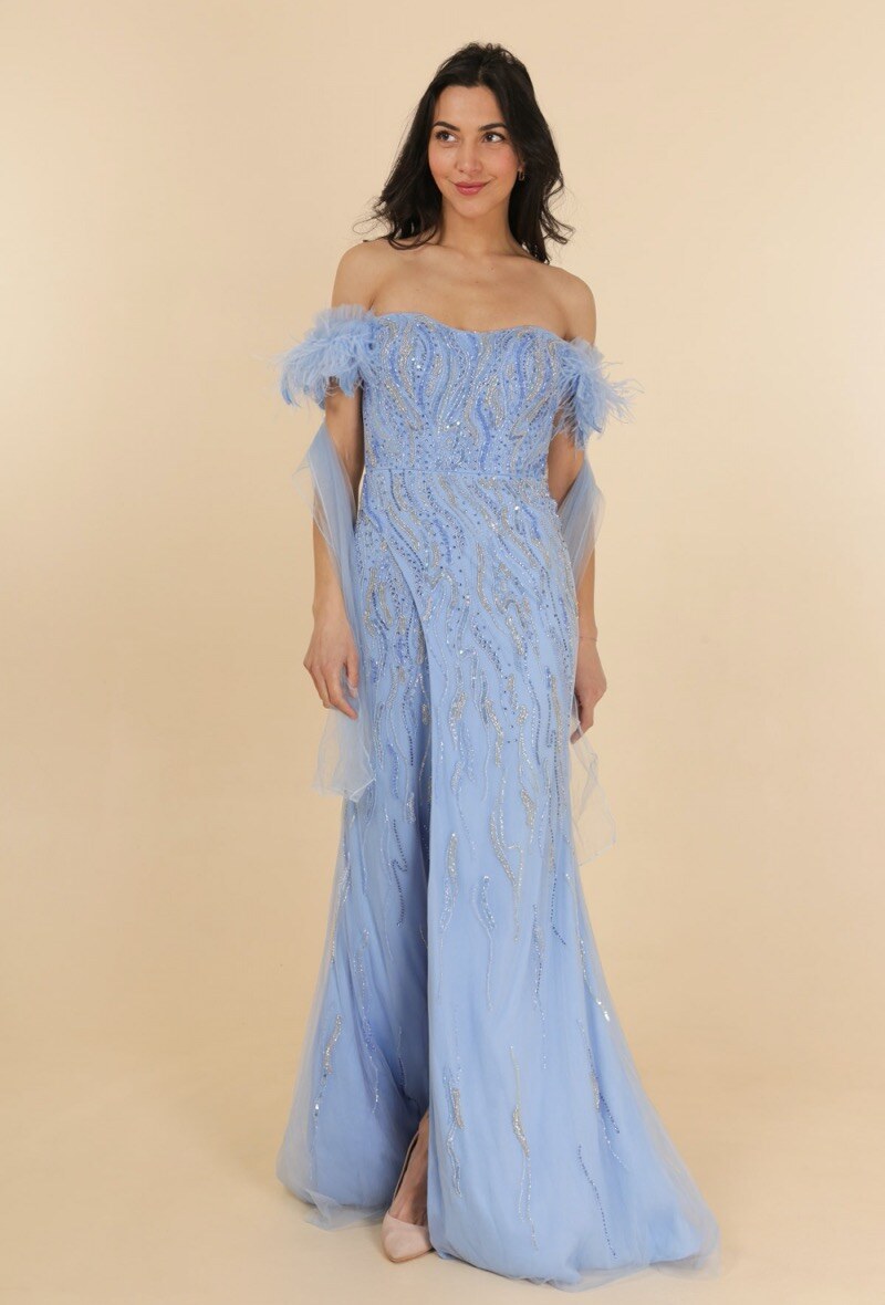 Off the shoulder sky blue sheath long evening dress