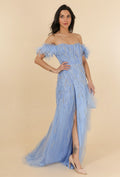 Off the shoulder sky blue sheath long evening dress