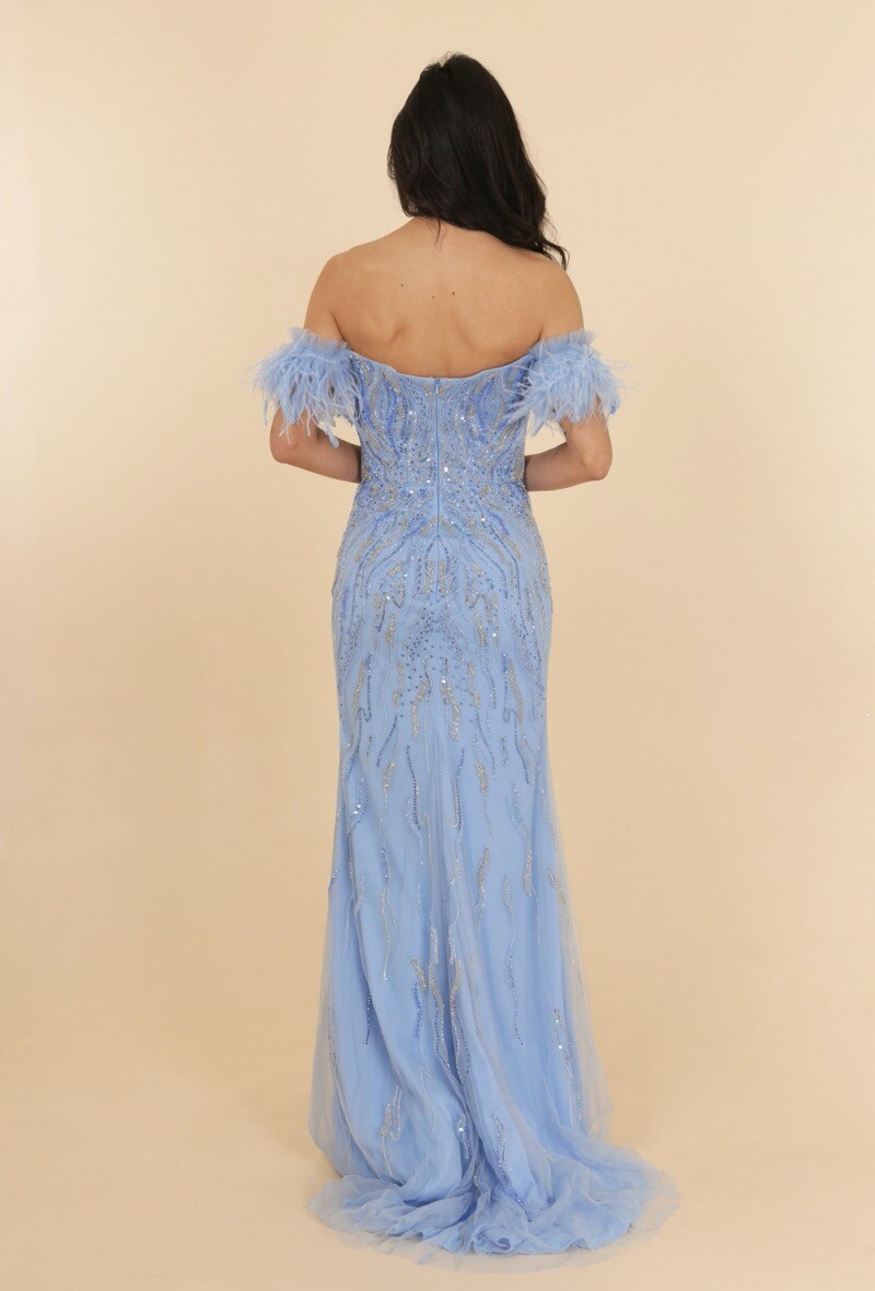 Off the shoulder sky blue sheath long evening dress