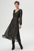 Midi dress in gold-effect voile and V neckline