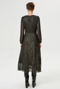 Midi dress in gold-effect voile and V neckline