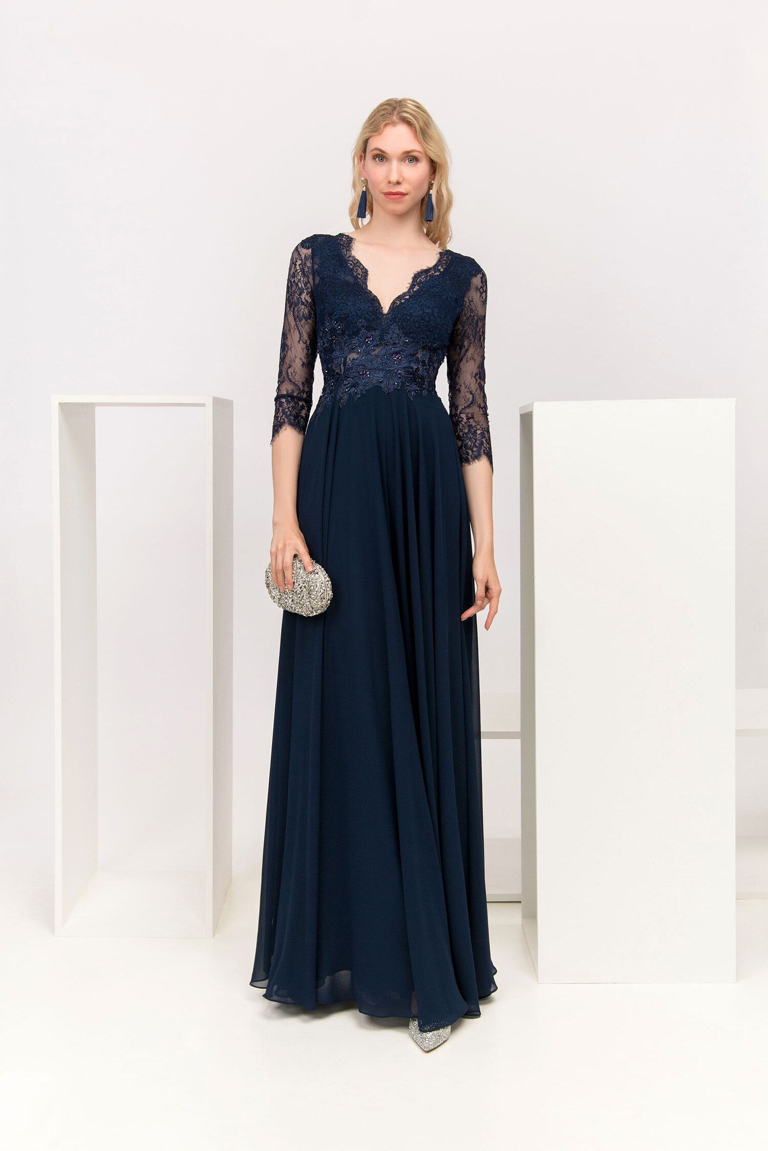 Navy Blue Lace Evening Gown.